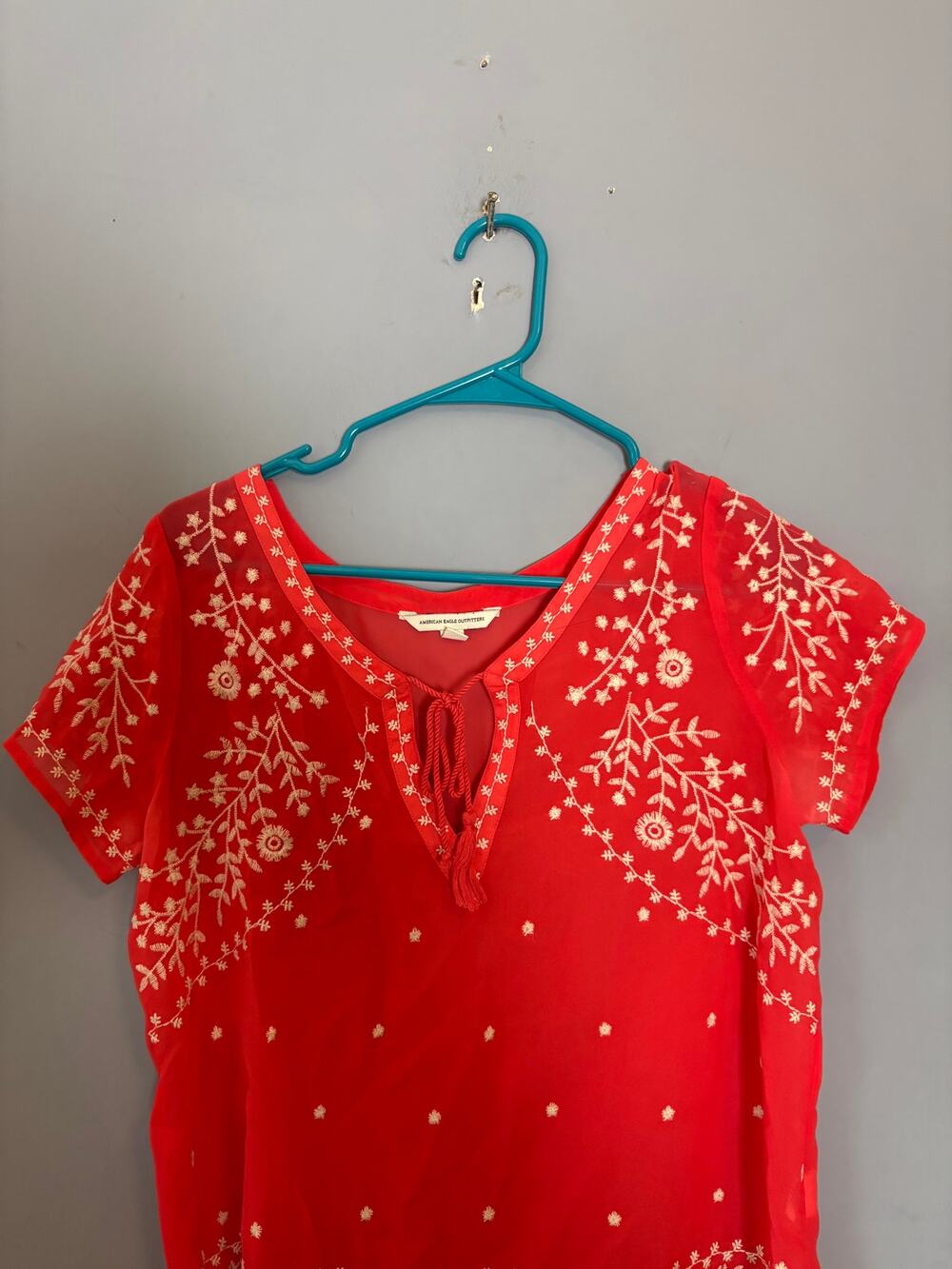 American Eagle Outfitters Womens S Red Embroidered Peasant Top